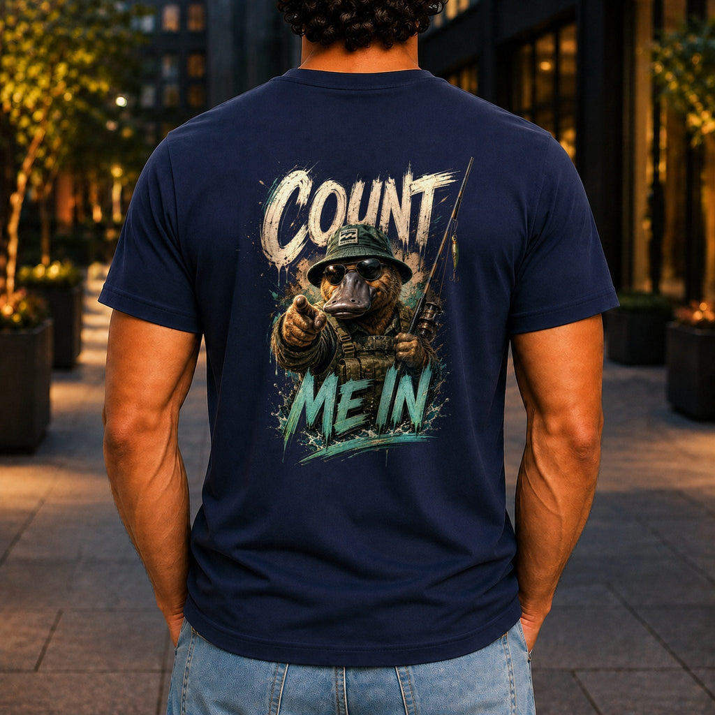Count Me In Men’s tee in Navy, back view