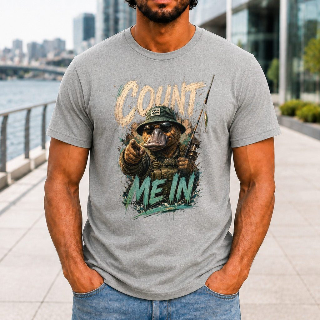 Count Me In Men’s tee in Athletic Heather, front view
