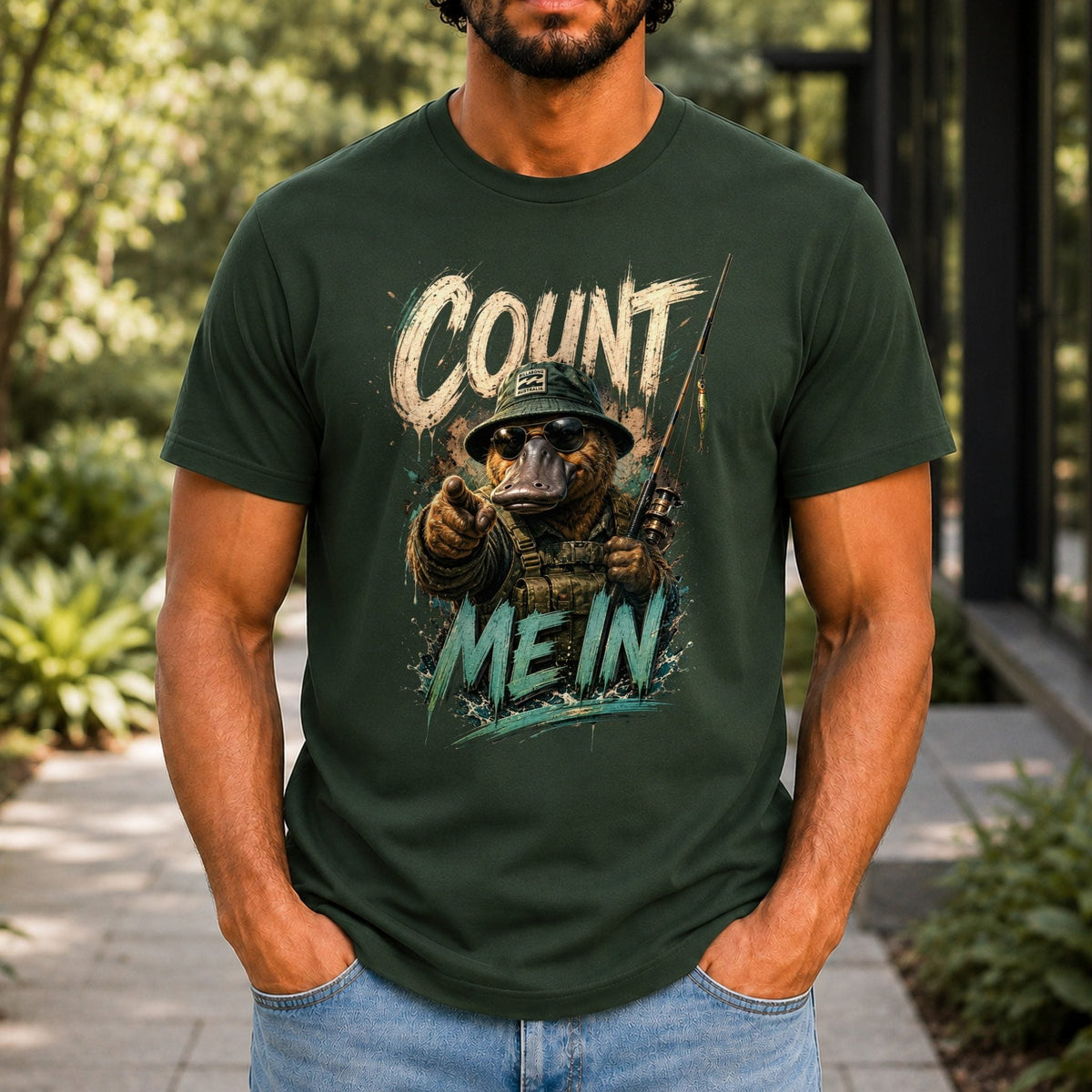 Count Me In Men’s tee in Forest Green, front view