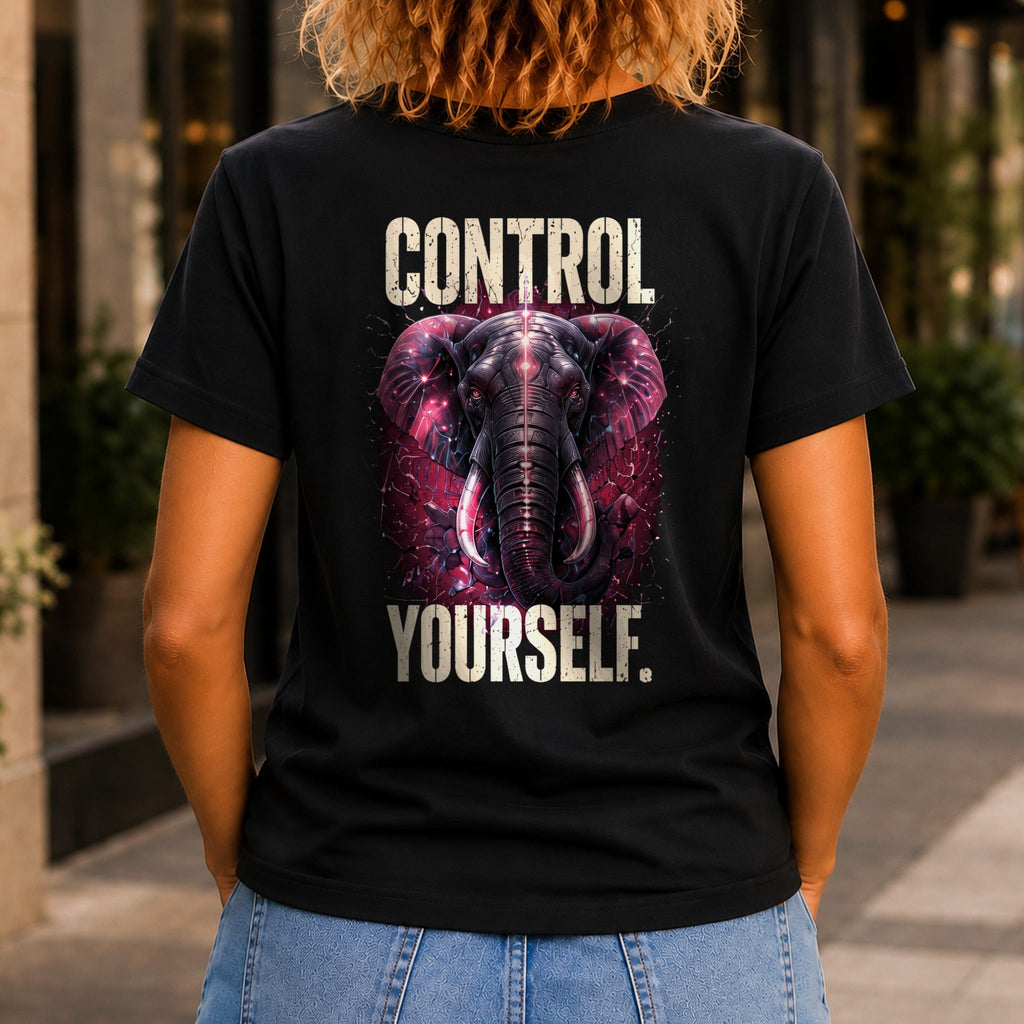 Control Yourself graphic printed on the back of a black KRED Threads premium tee