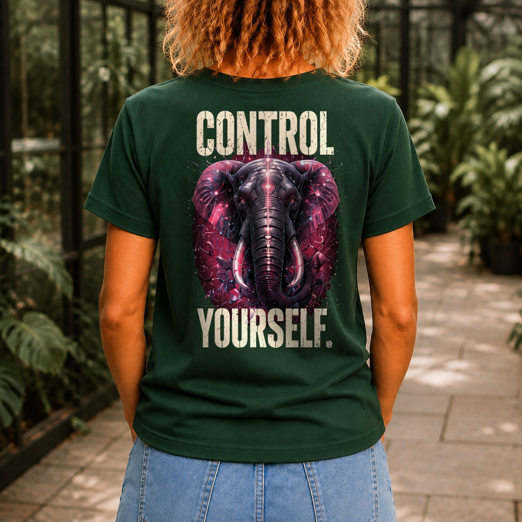 Control Yourself graphic printed on the back of a forest green KRED Threads premium tee