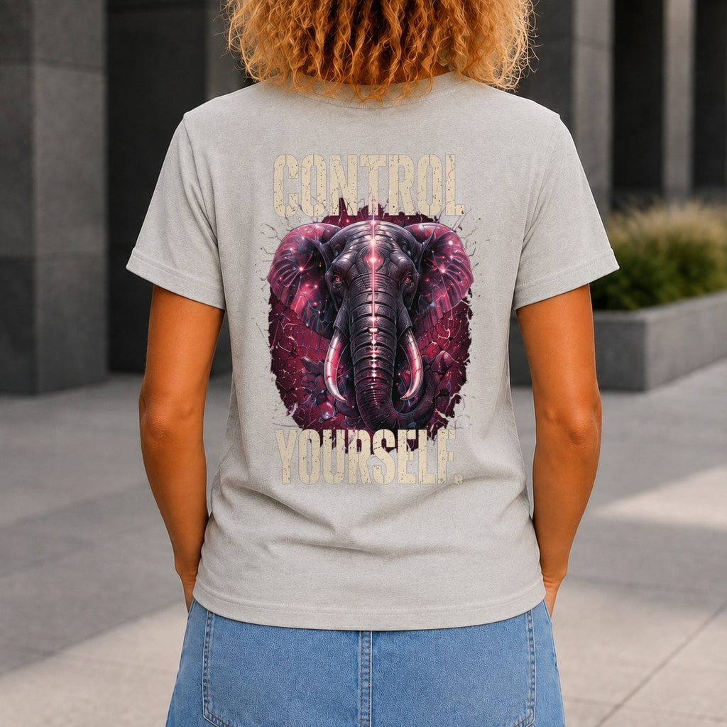 Control Yourself graphic printed on the back of a grey marble KRED Threads premium tee