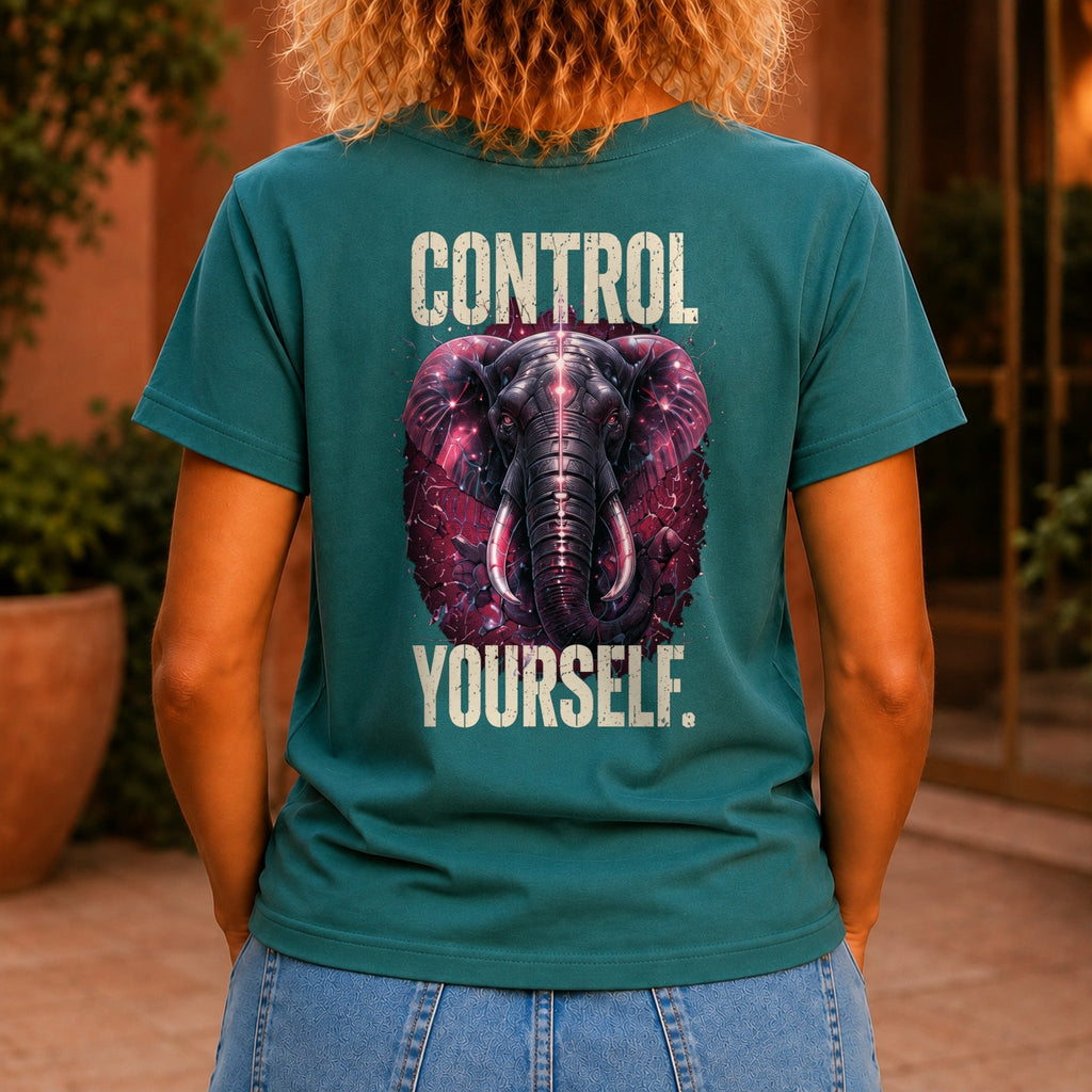Control Yourself graphic printed on the back of a jade KRED Threads premium tee