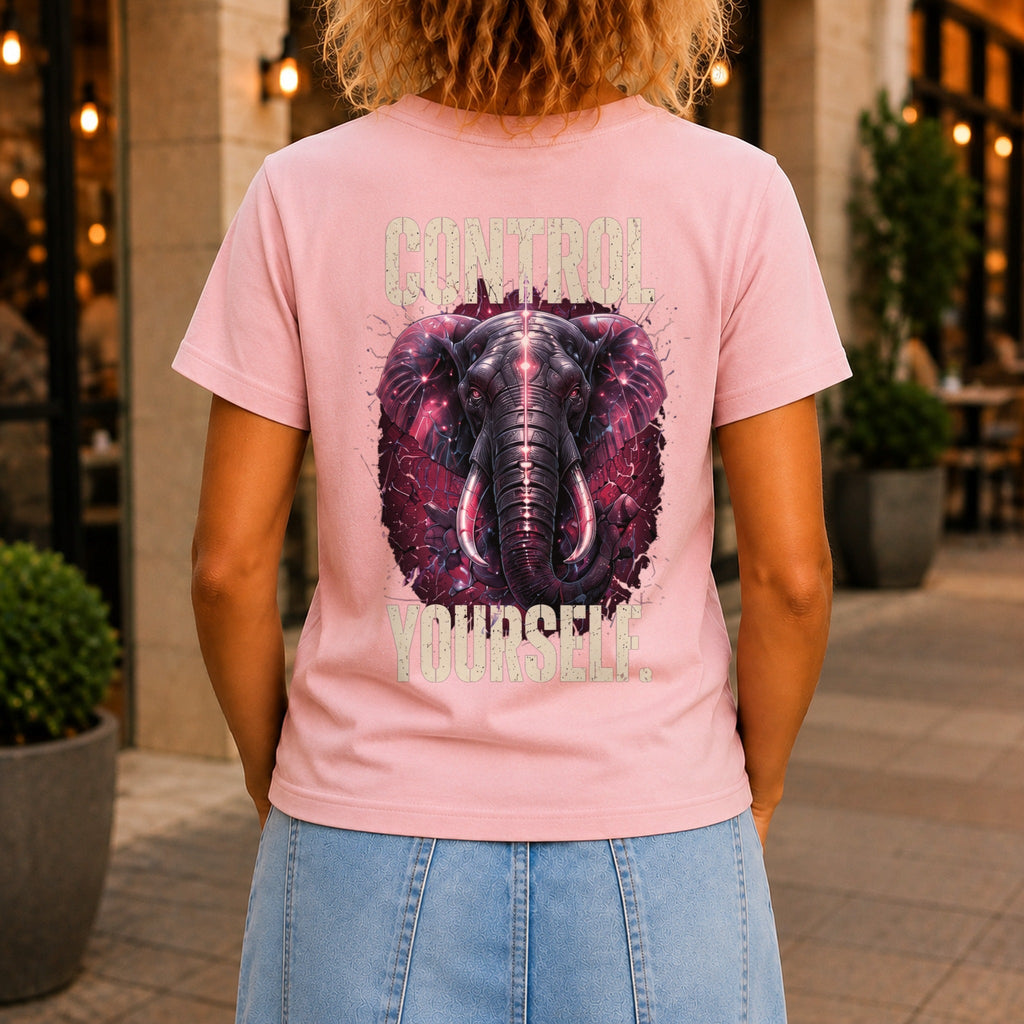 Control Yourself graphic printed on the back of a pink KRED Threads premium tee