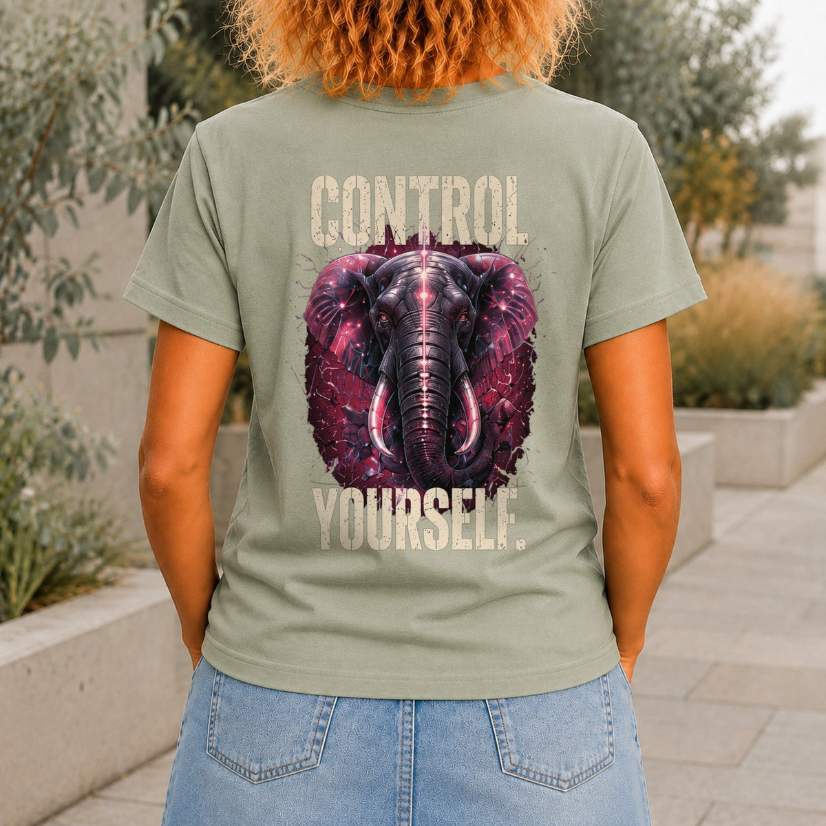 Control Yourself graphic printed on the back of a sage KRED Threads premium tee