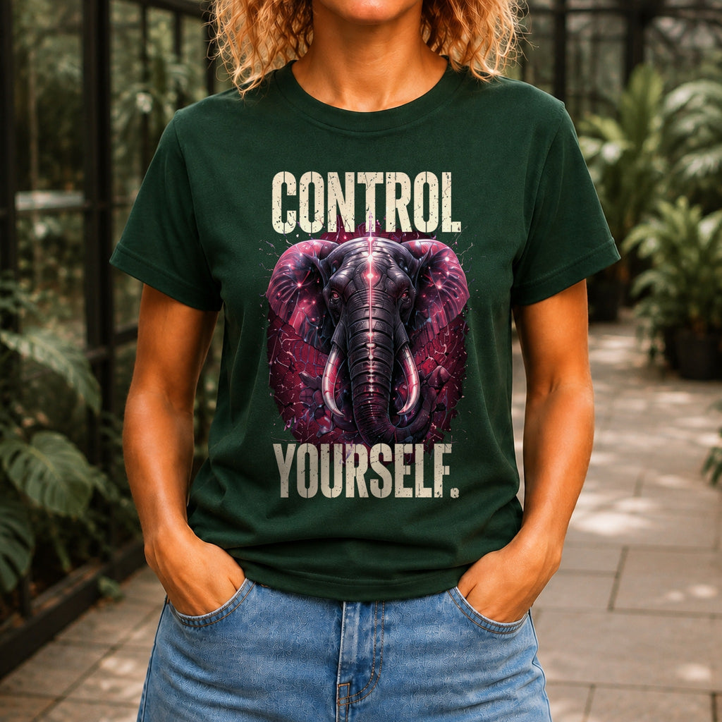 Control Yourself graphic printed on the front of a forest green KRED Threads premium tee