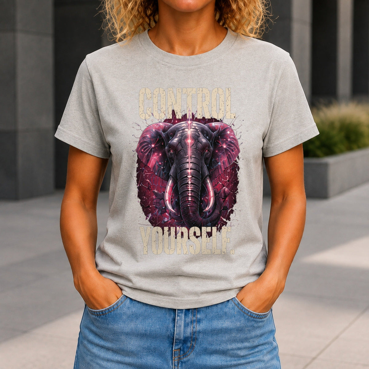 Control Yourself graphic printed on the front of a grey marble KRED Threads premium tee