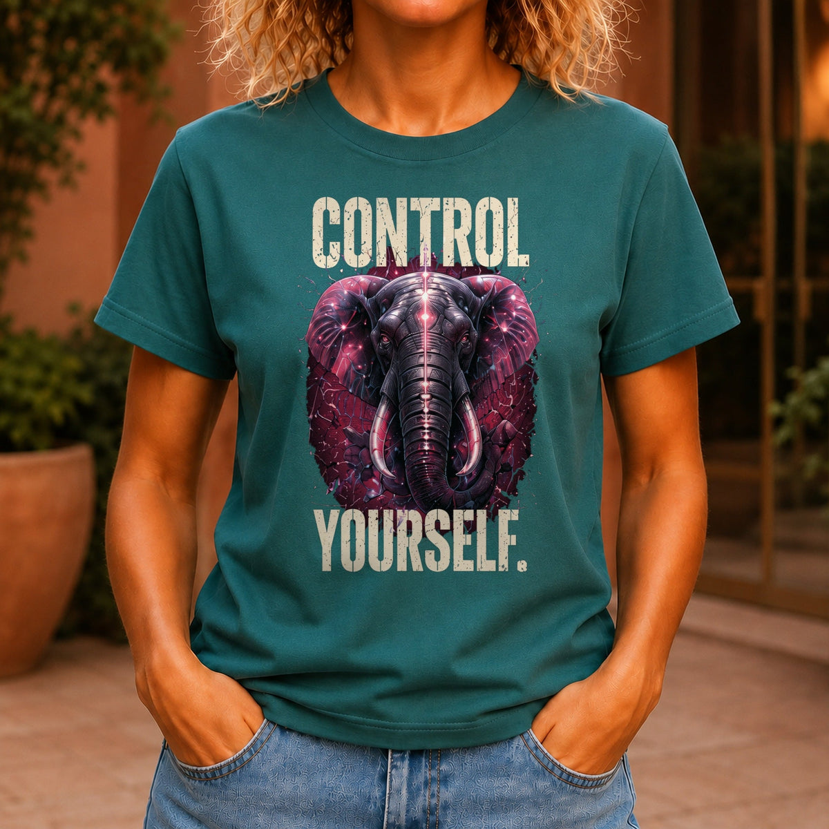 Control Yourself graphic printed on the front of a jade KRED Threads premium tee
