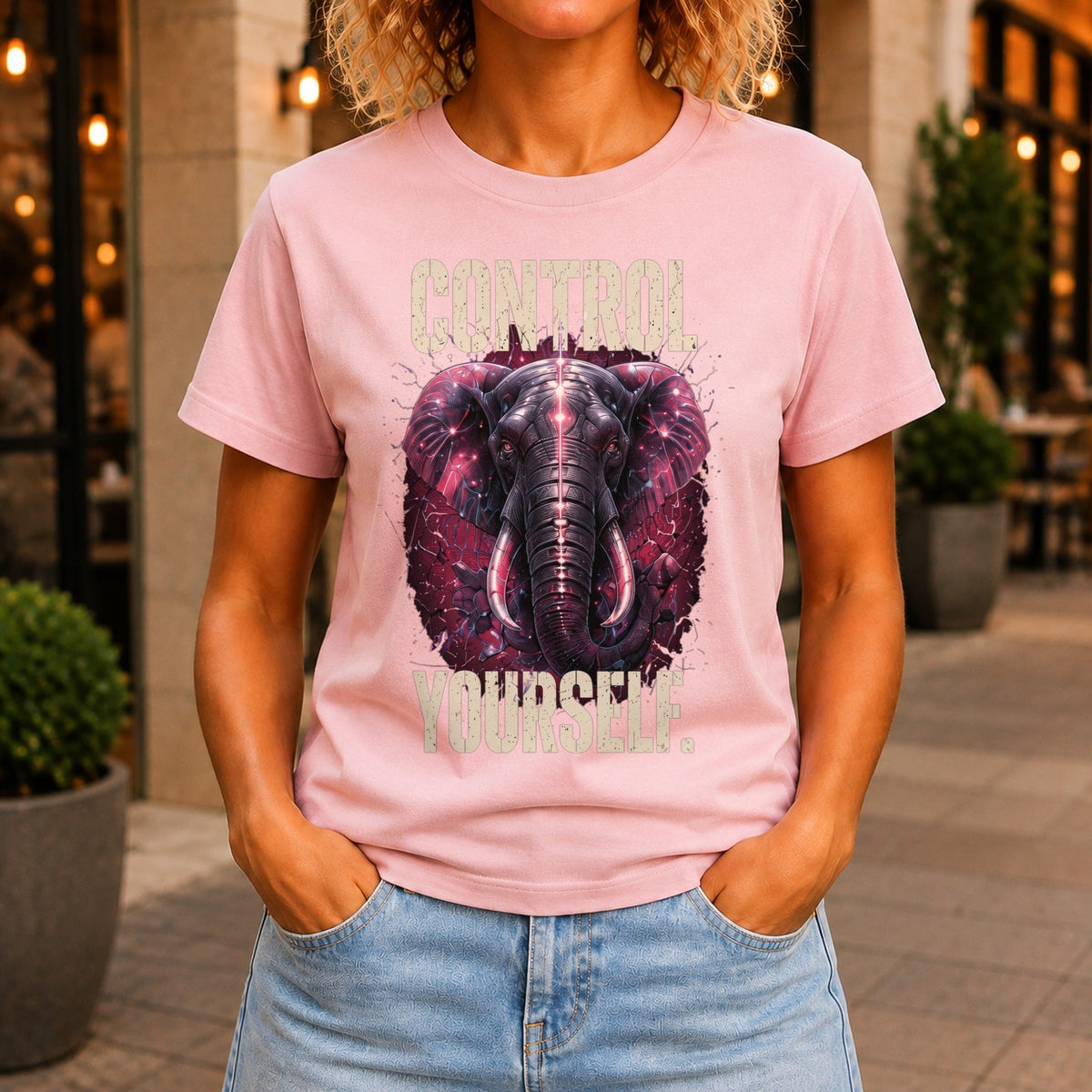 Control Yourself graphic printed on the front of a pink KRED Threads premium tee