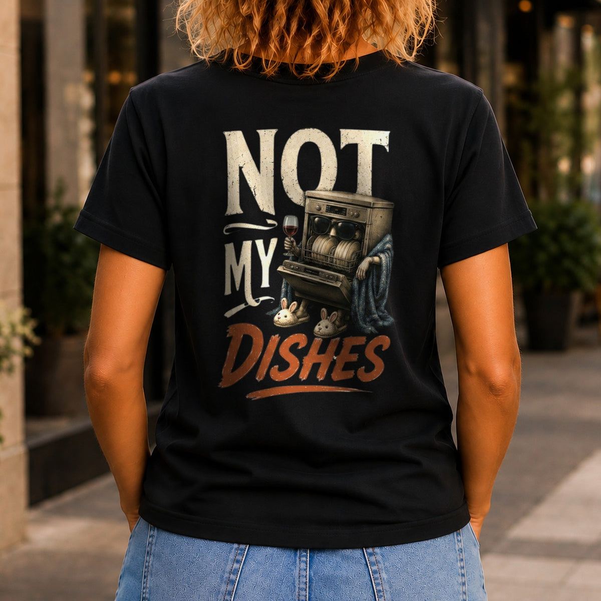 Not My Dishes graphic printed on the back of a black KRED Threads premium tee