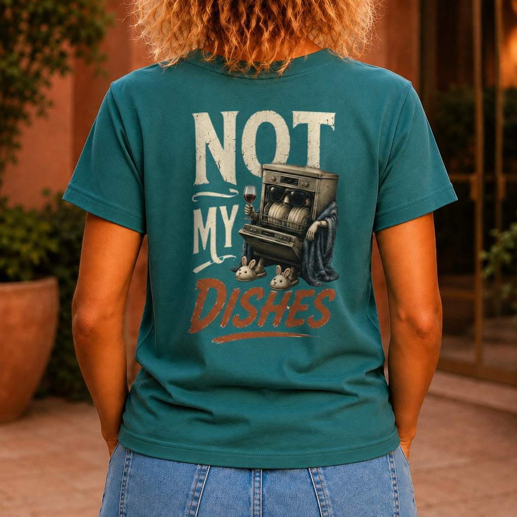 Not My Dishes graphic printed on the back of a jade KRED Threads premium tee
