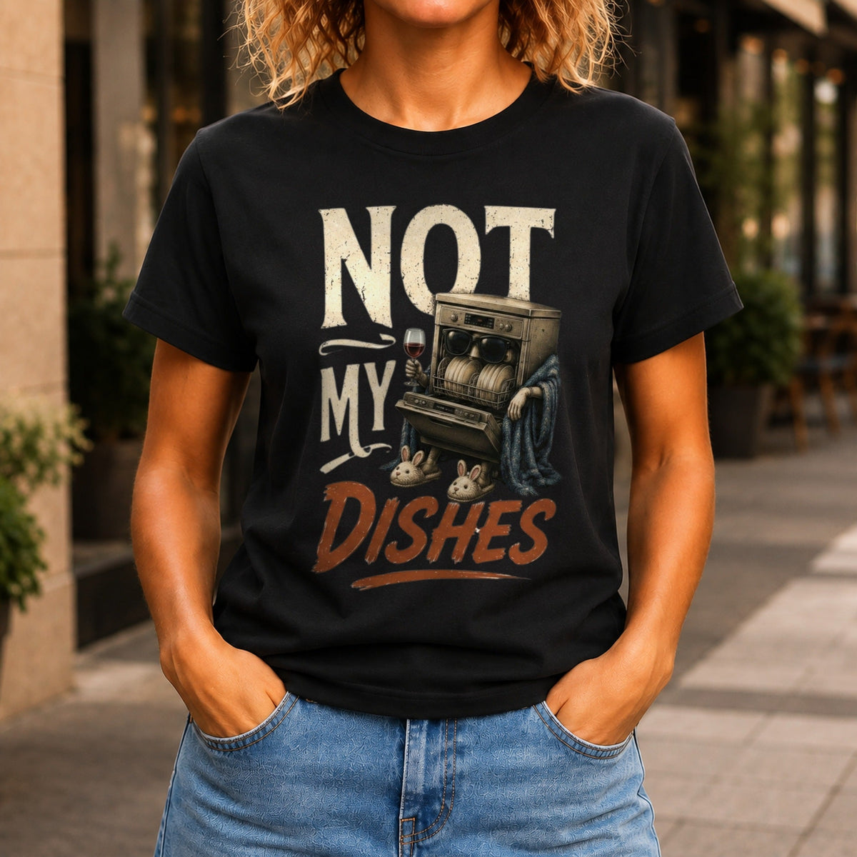 Not My Dishes graphic printed on the front of a black KRED Threads premium tee