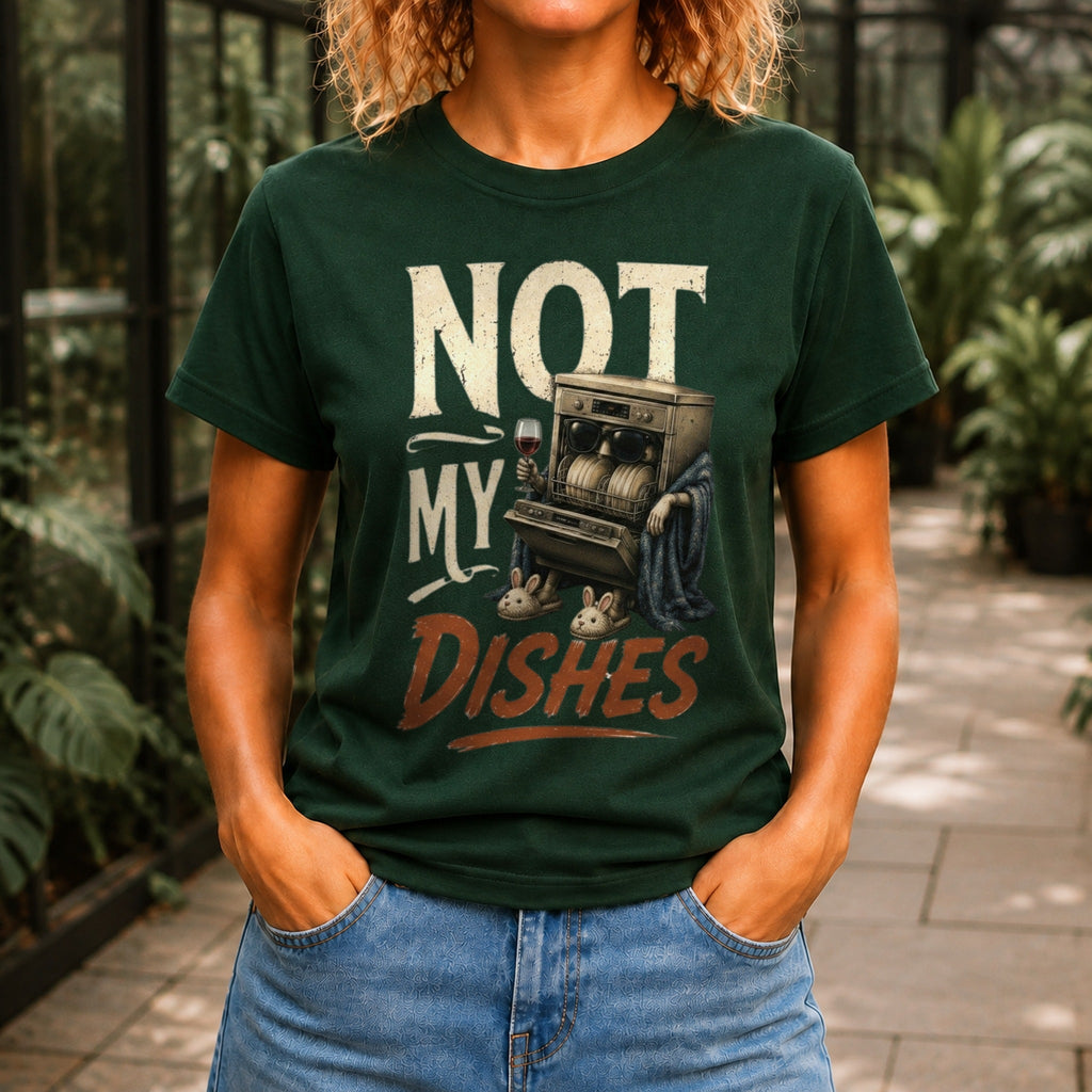 Not My Dishes graphic printed on the front of a forest green KRED Threads premium tee