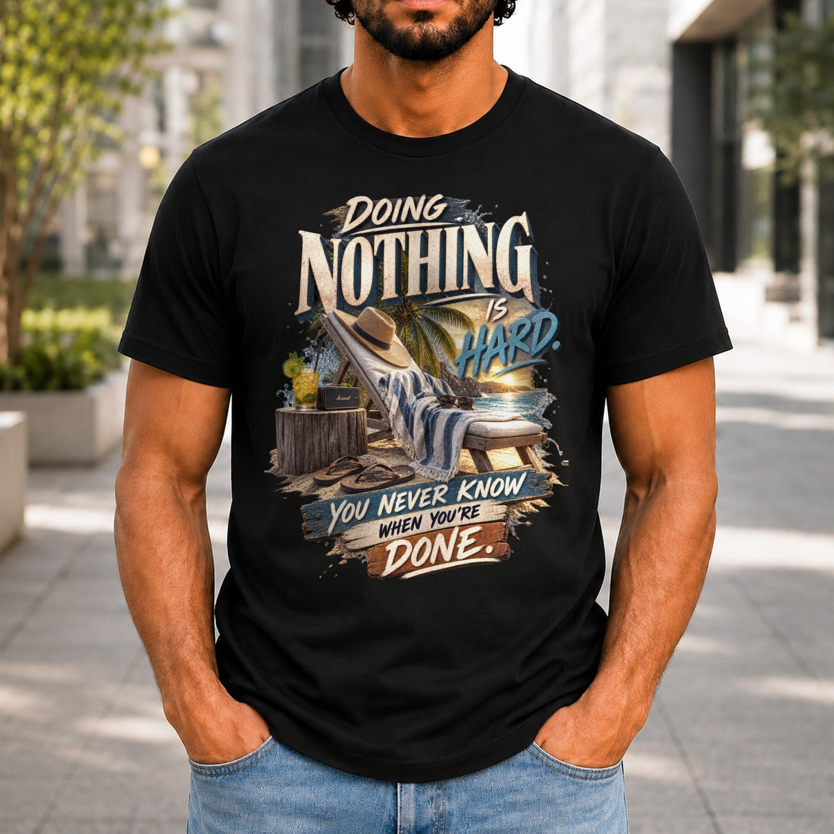 Doing Nothing Is Hard graphic printed on the front of a black KRED Threads premium tee