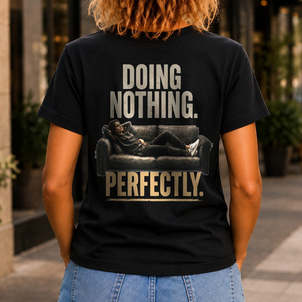 Doing Nothing Perfectly Women’s tee in Black, back view