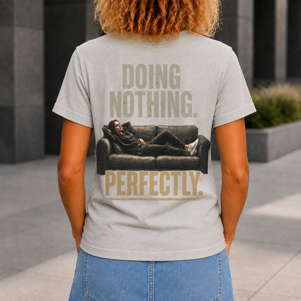 Doing Nothing Perfectly Women’s tee in Grey Marble, back view