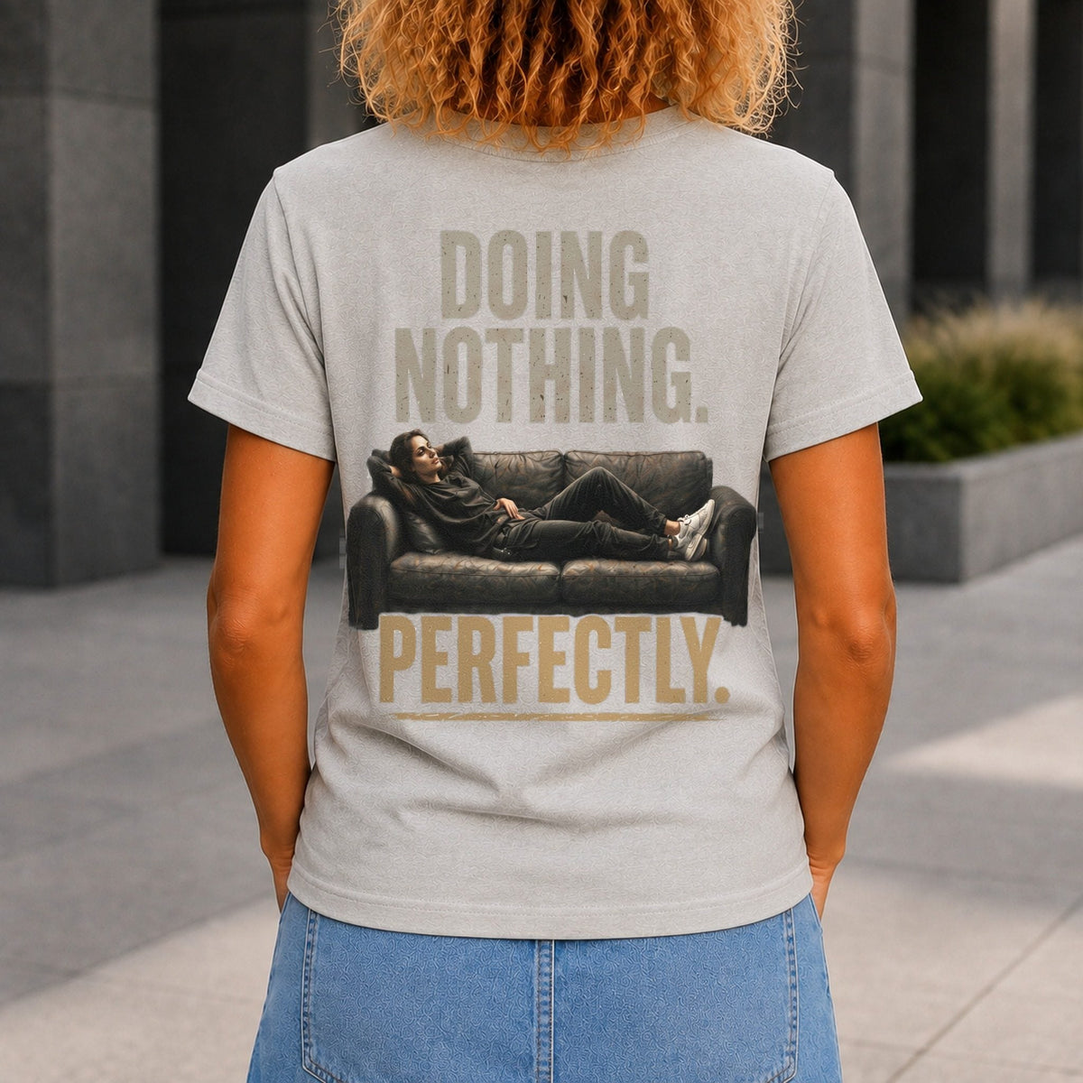 Doing Nothing Perfectly Women’s tee in Grey Marble, back view