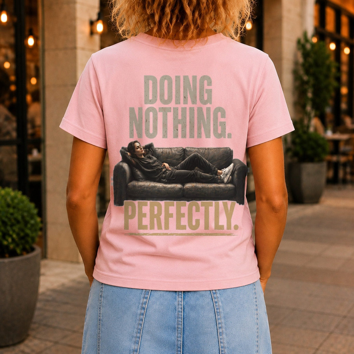 Doing Nothing Perfectly Women’s tee in Pink, back view