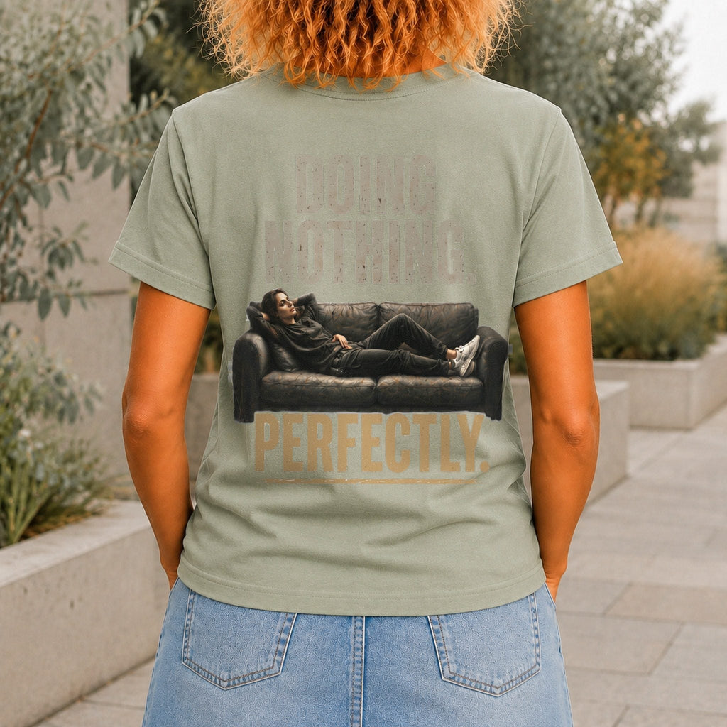 Doing Nothing Perfectly Women’s tee in Sage, back view
