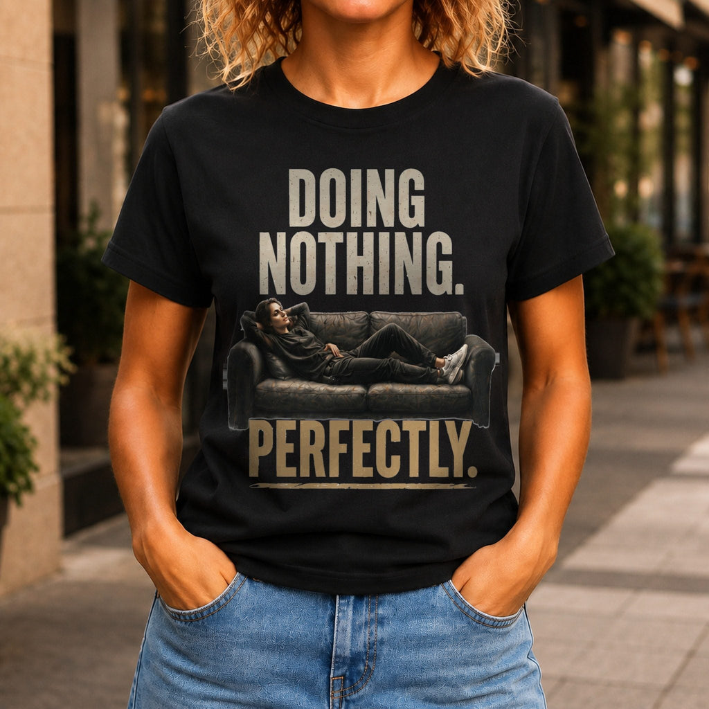 Doing Nothing Perfectly Women’s tee in Black, front view