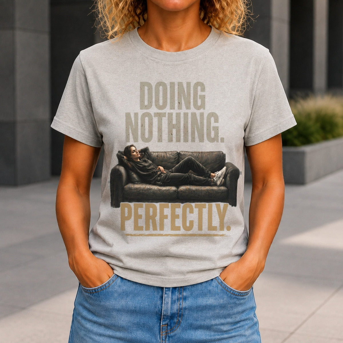 Doing Nothing Perfectly Women’s tee in Grey Marble, front view