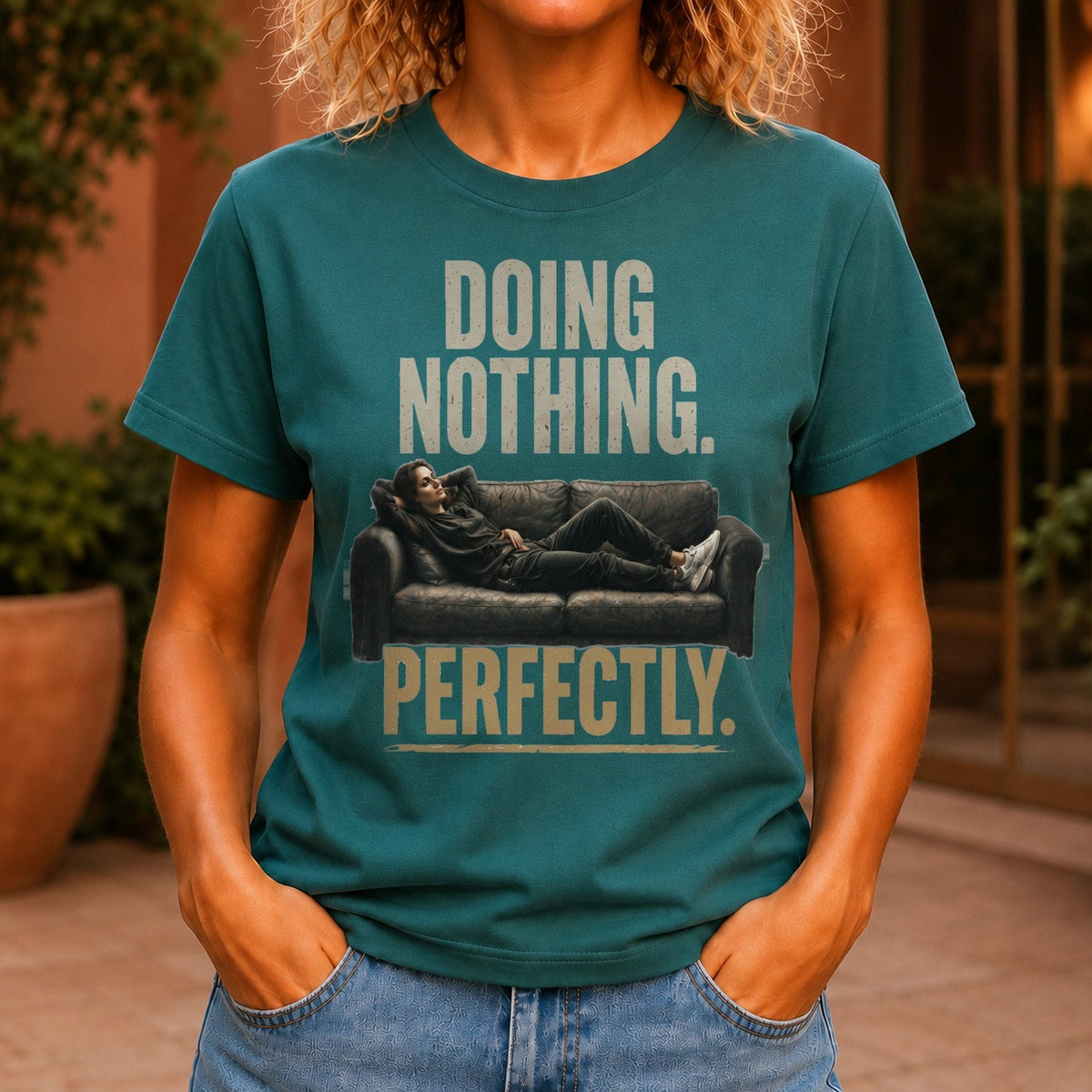 Doing Nothing Perfectly Women’s tee in Jade, front view