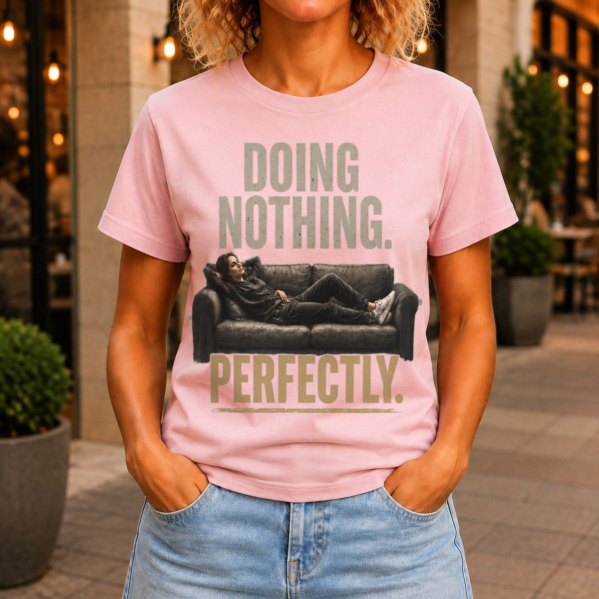 Doing Nothing Perfectly Women’s tee in Pink, front view