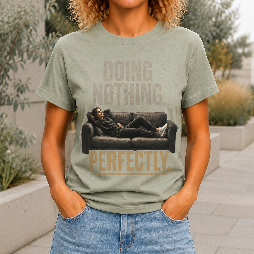 Doing Nothing Perfectly Women’s tee in Sage, front view