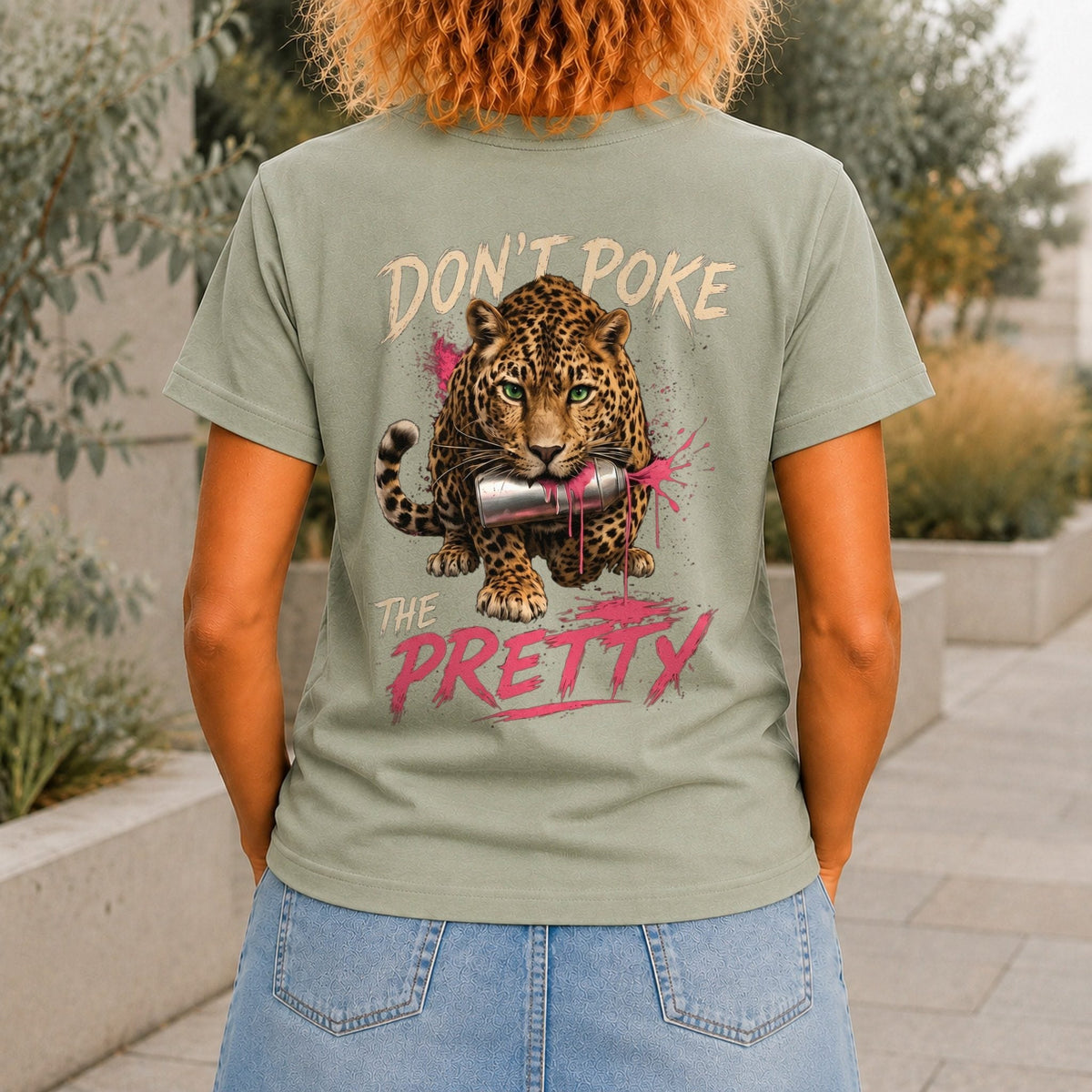 Don’t Poke the Pretty Women’s tee in Sage, back view