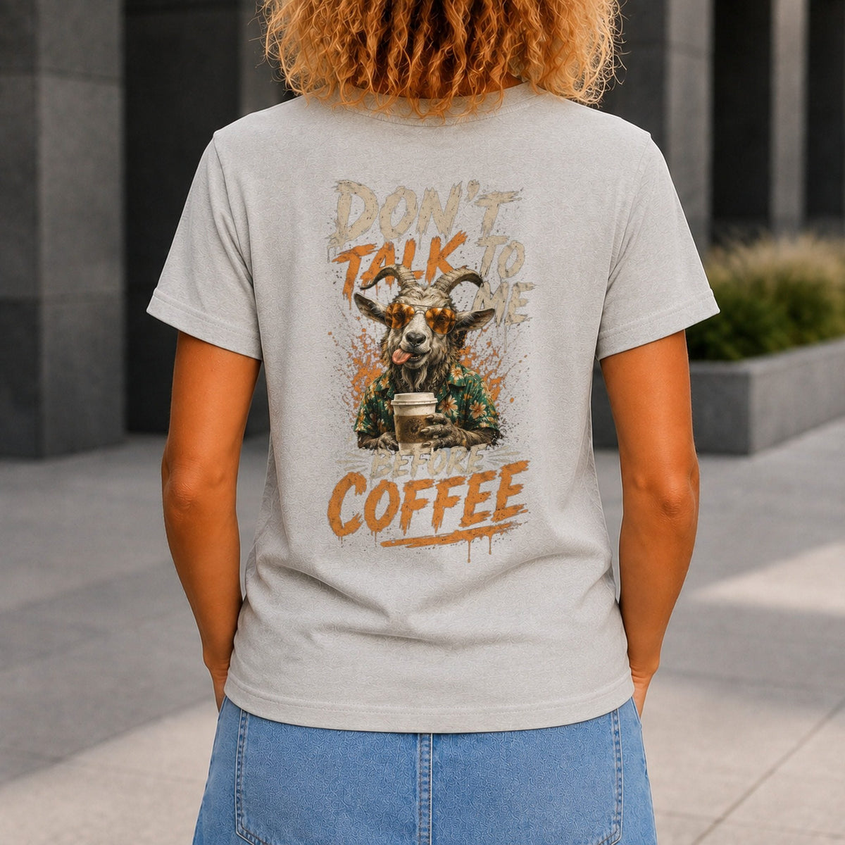 Don’t Talk Before Coffee Women’s tee in Grey Marble, back view