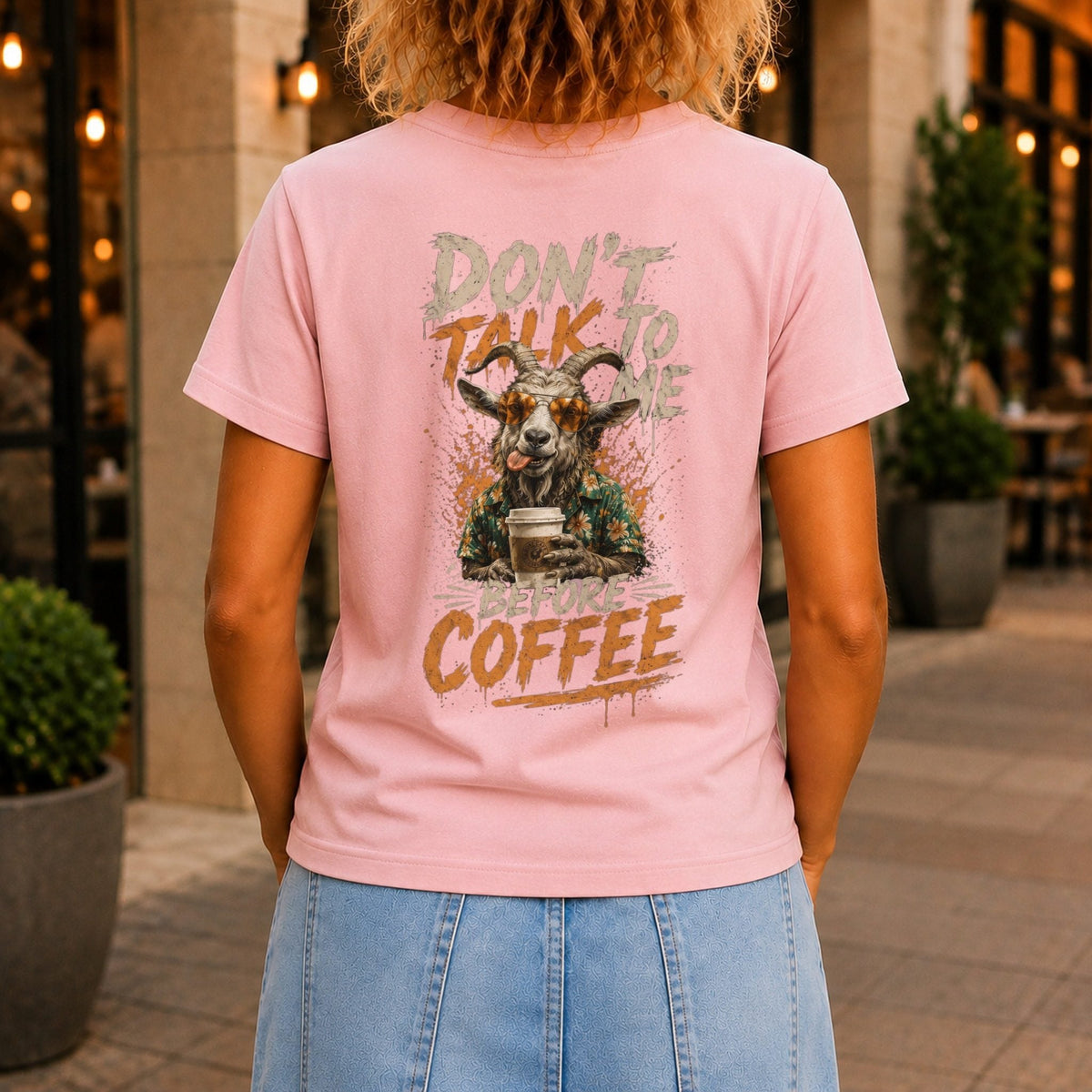 Don’t Talk Before Coffee Women’s tee in Pink, back view