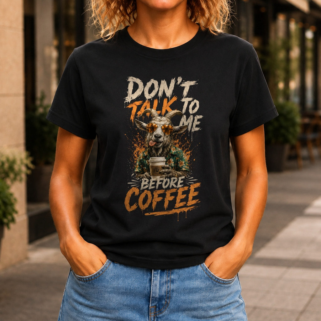 Don’t Talk Before Coffee Women’s tee in Black, front view