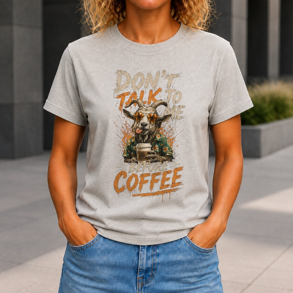 Don’t Talk Before Coffee Women’s tee in Grey Marble, front view