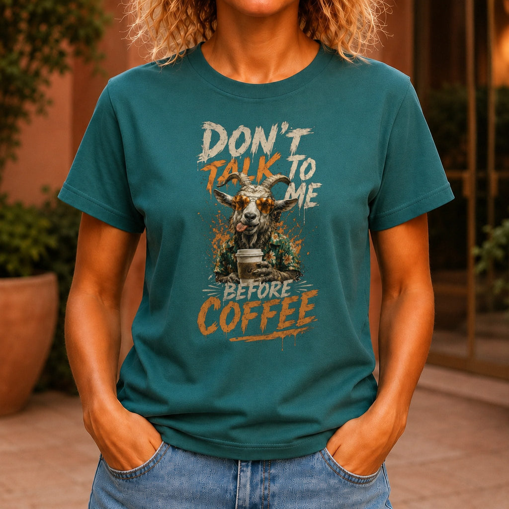 Don’t Talk Before Coffee Women’s tee in Jade, front view