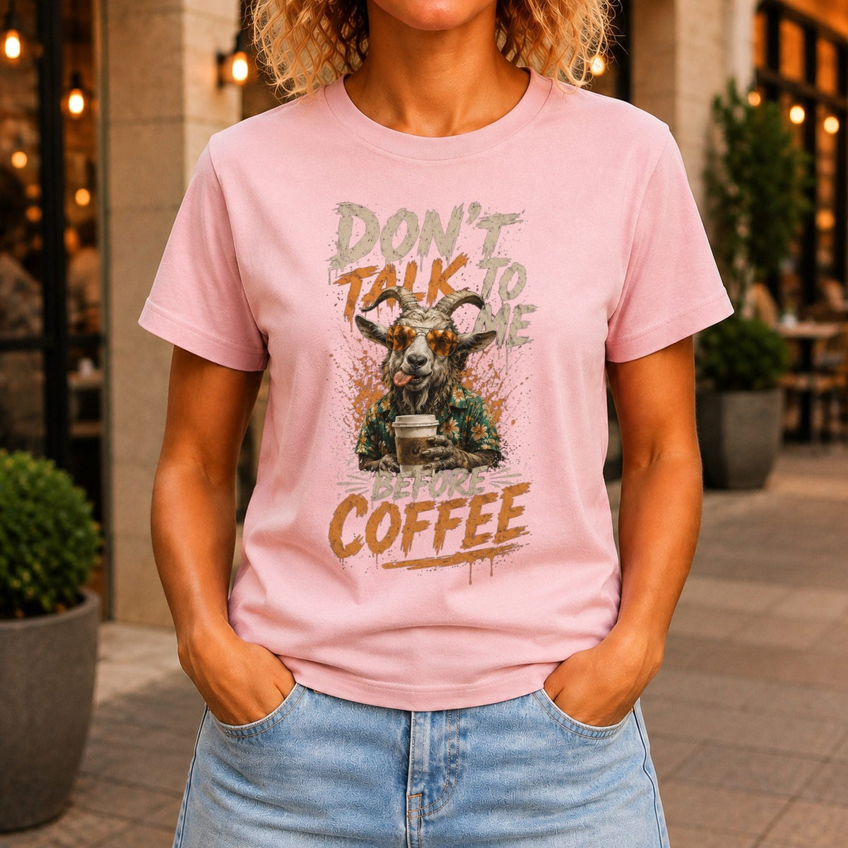 Don’t Talk Before Coffee Women’s tee in Pink, front view