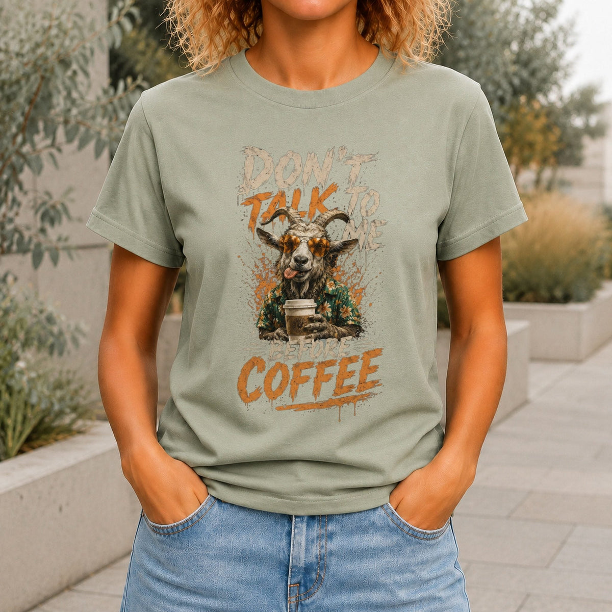 Don’t Talk Before Coffee Women’s tee in Sage, front view