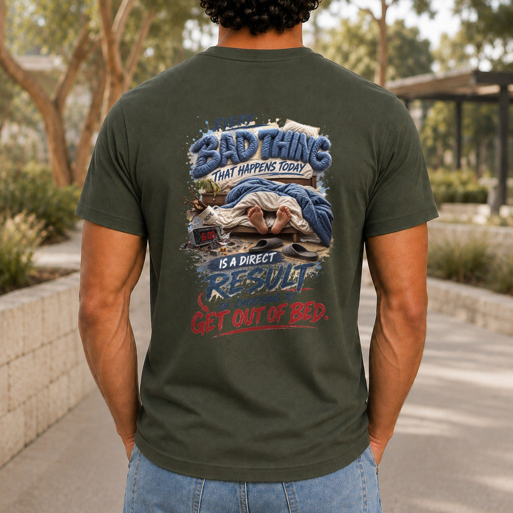 Every Bad Thing graphic printed on the back of an army KRED Threads premium tee