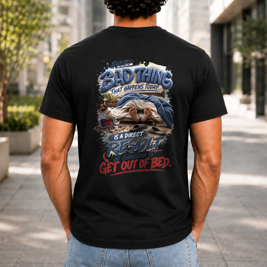 Every Bad Thing graphic printed on the back of a black KRED Threads premium tee
