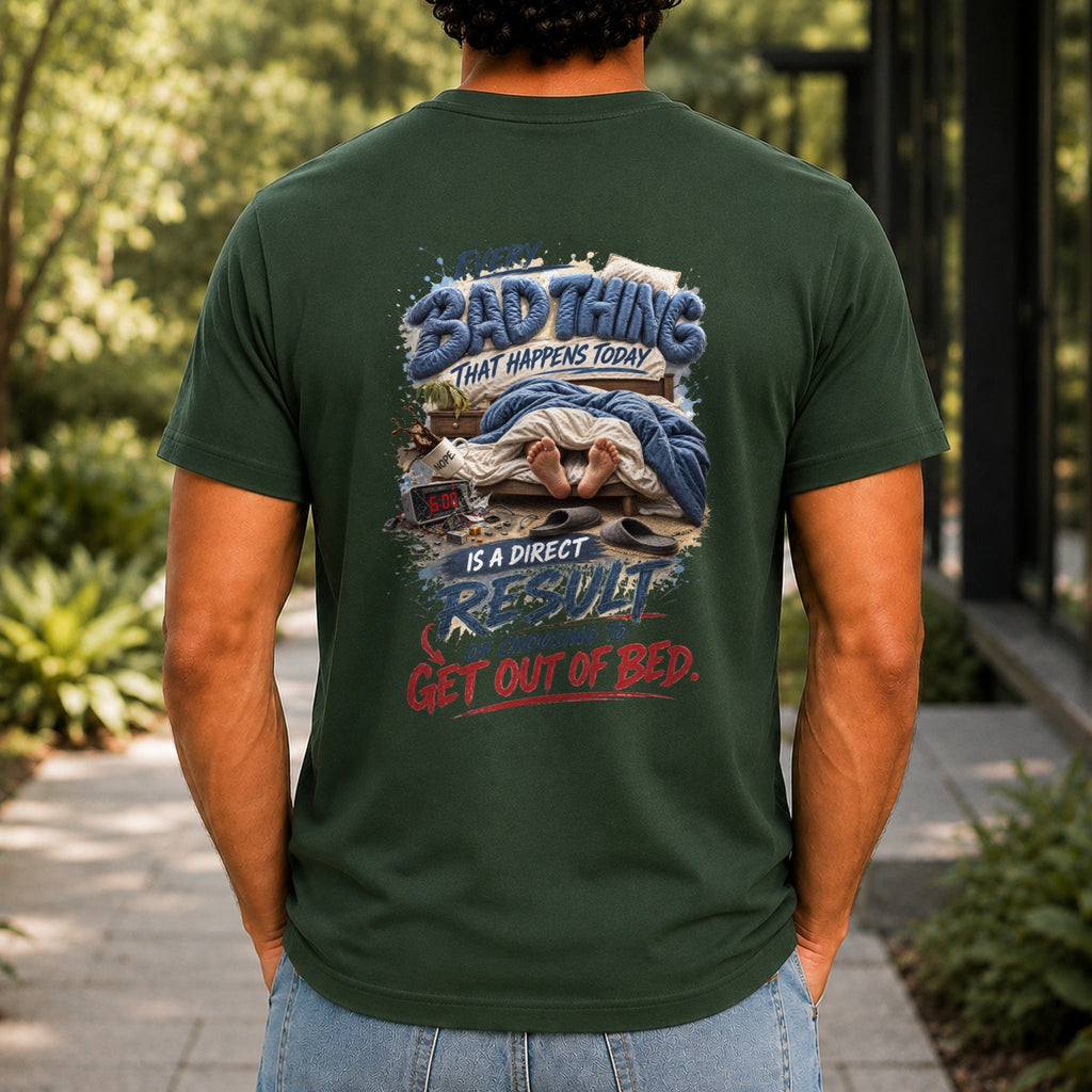 Every Bad Thing graphic printed on the back of a forest green KRED Threads premium tee
