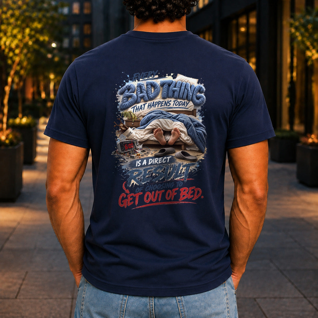 Every Bad Thing graphic printed on the back of a navy KRED Threads premium tee