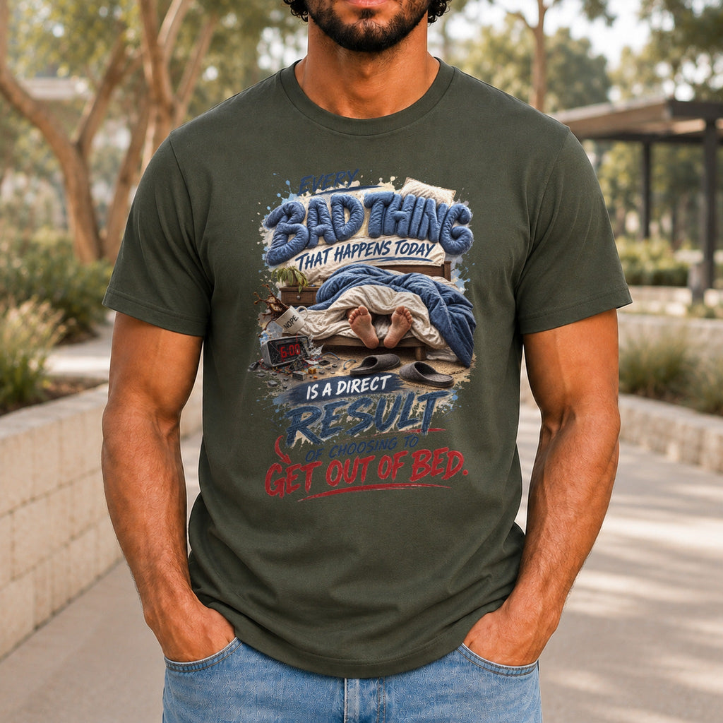 Every Bad Thing graphic printed on the front of an army KRED Threads premium tee