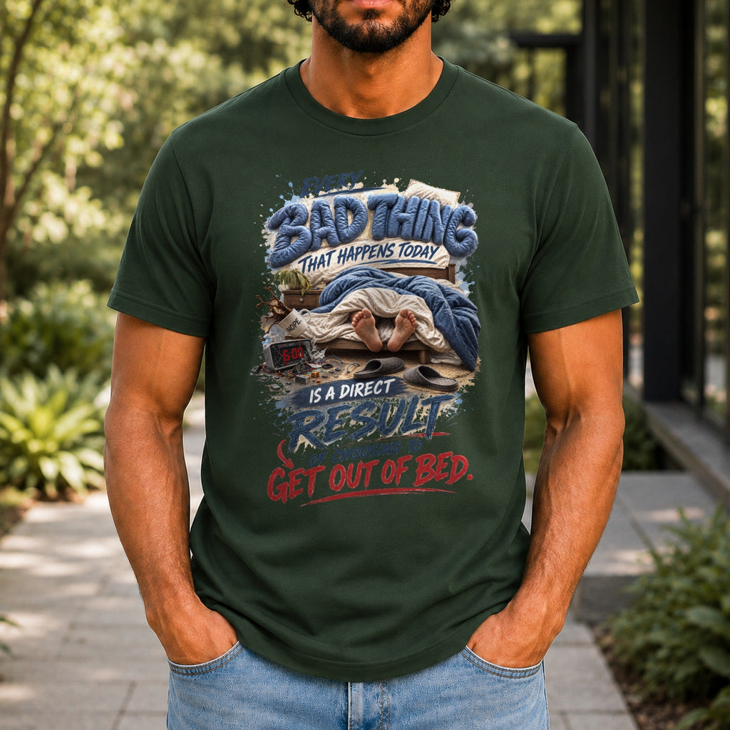 Every Bad Thing graphic printed on the front of a forest green KRED Threads premium tee