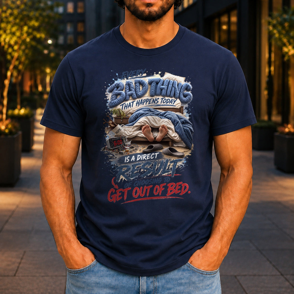 Every Bad Thing graphic printed on the front of a navy KRED Threads premium tee
