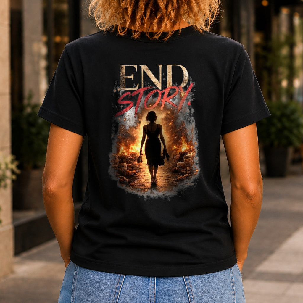 End Story graphic printed on the back of a black KRED Threads premium tee