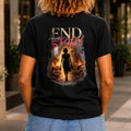End Story graphic printed on the back of a black KRED Threads premium tee