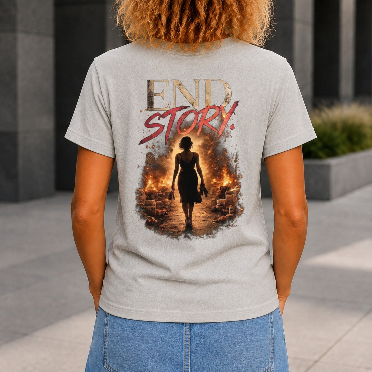 End Story graphic printed on the back of a grey marble KRED Threads premium tee