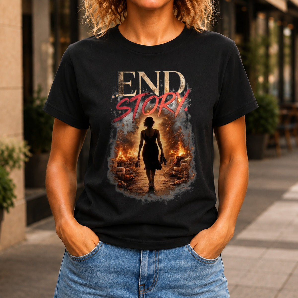 End Story graphic printed on the front of a black KRED Threads premium tee