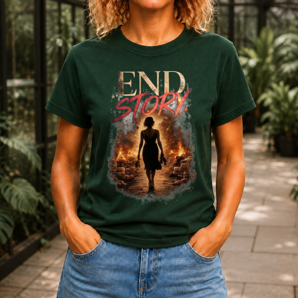 End Story graphic printed on the front of a forest green KRED Threads premium tee