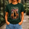 End Story graphic printed on the front of a forest green KRED Threads premium tee
