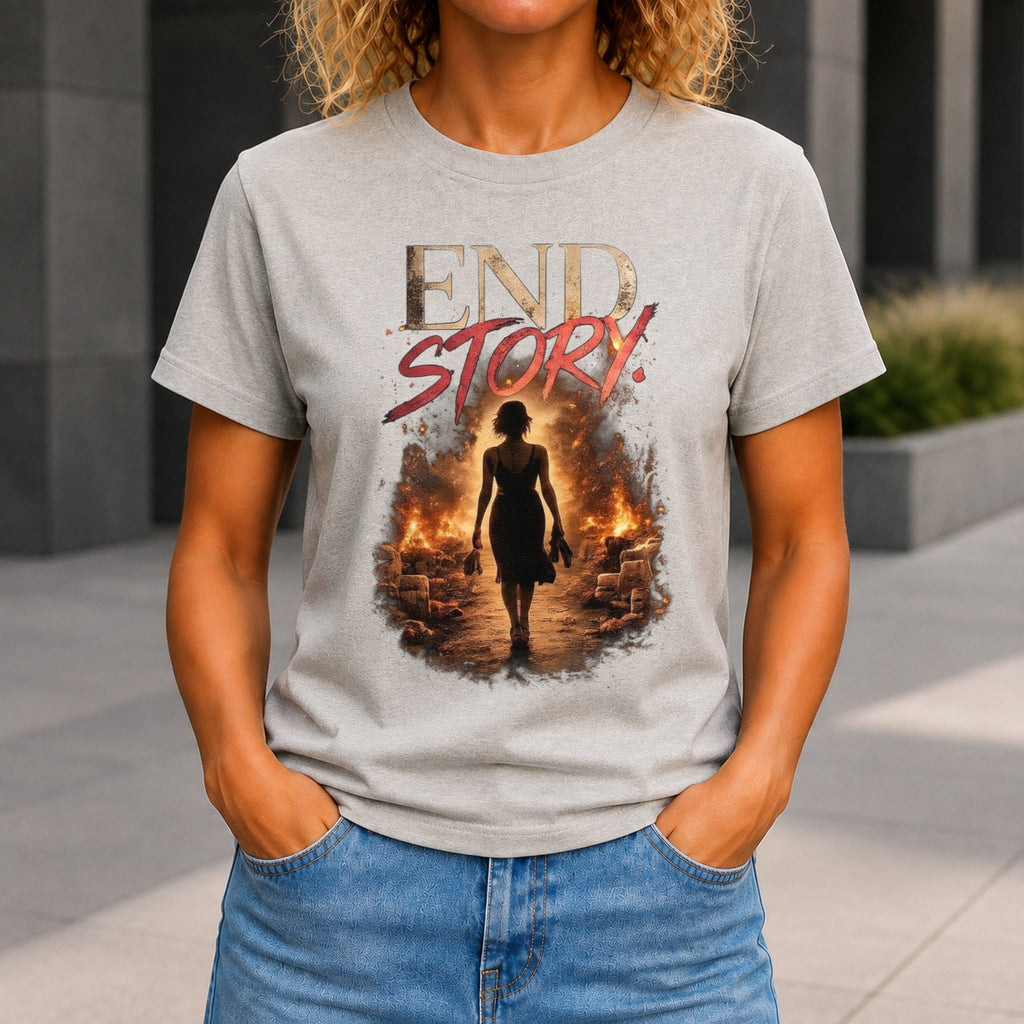 End Story graphic printed on the front of a grey marble KRED Threads premium tee
